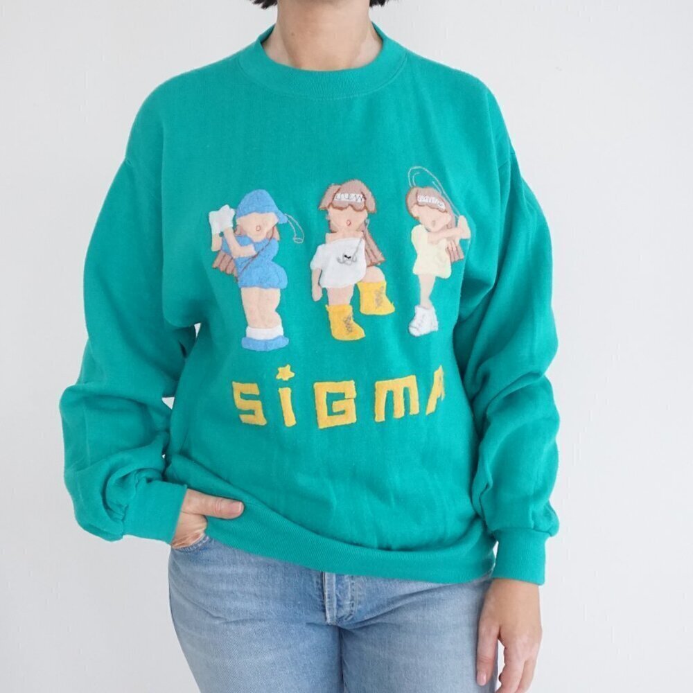 Vintage 80S Hua Xing Green Sigma Sporty Girl Cotton Blend Crewneck Sweater M